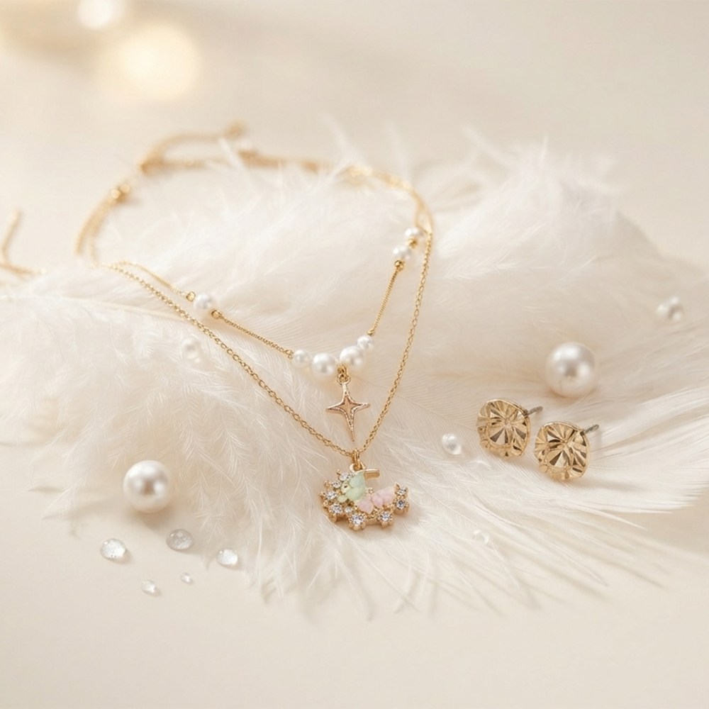 The99Jewel Double Layer Pearl Necklace Set With Butterfly  Shape Pendant  for Women