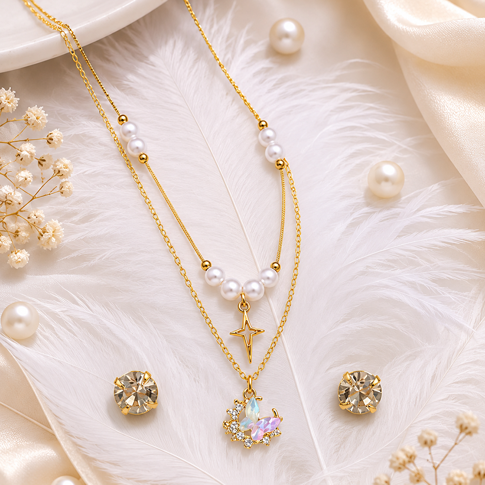 The99Jewel Double Layer Pearl Necklace Set With Butterfly  Shape Pendant  for Women