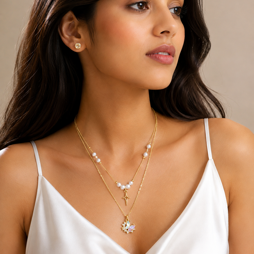 The99Jewel Double Layer Pearl Necklace Set With Butterfly  Shape Pendant  for Women