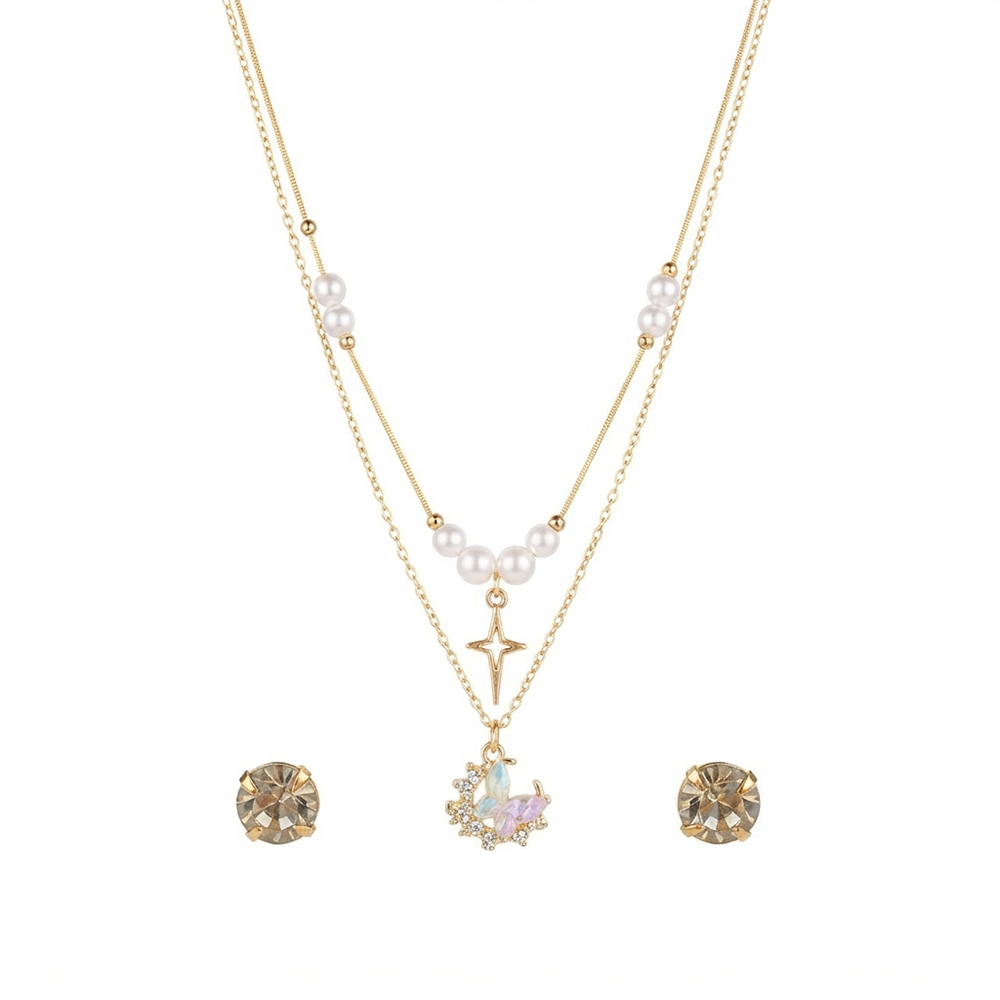 The99Jewel Double Layer Pearl Necklace Set With Butterfly  Shape Pendant  for Women