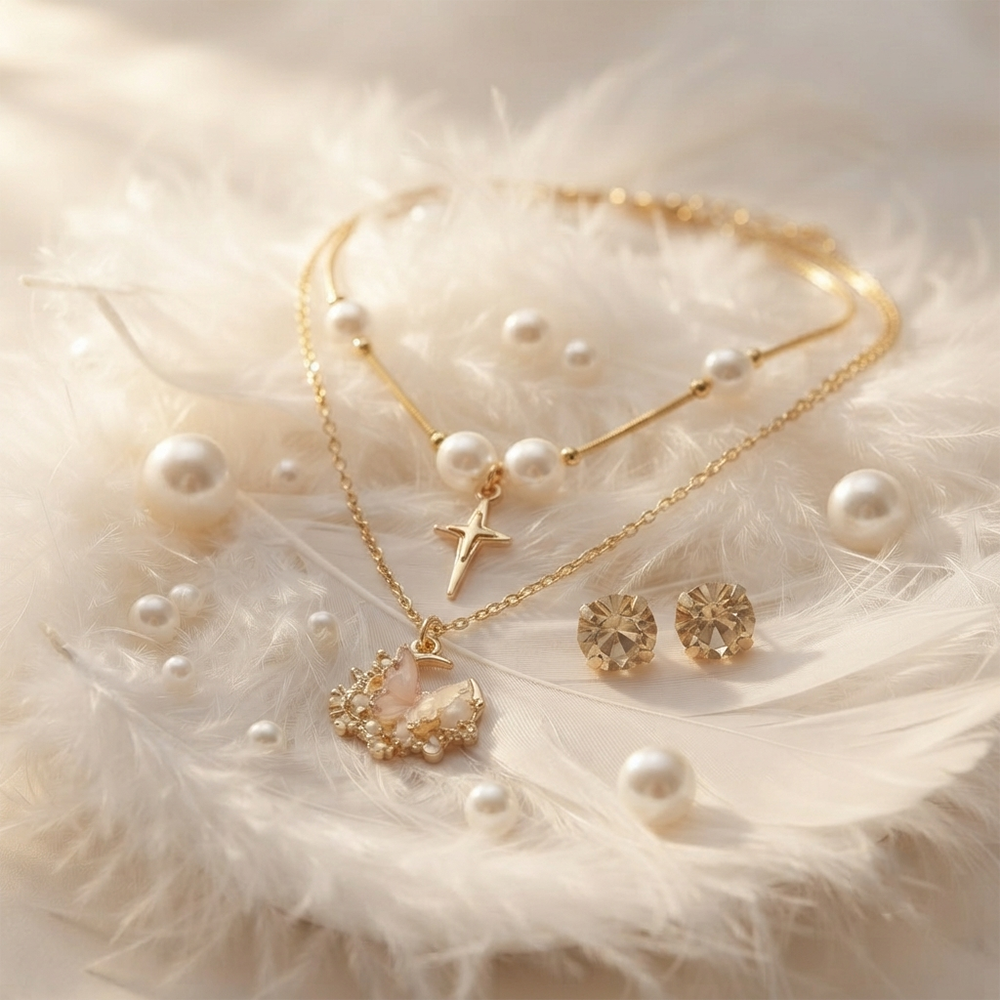 The99Jewel Double Layer Pearl Necklace Set With Butterfly  Shape Pendant  for Women