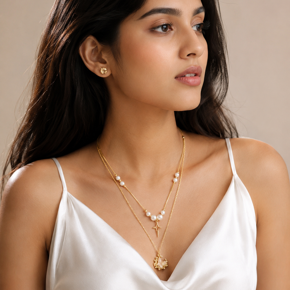 The99Jewel Double Layer Pearl Necklace Set With Butterfly  Shape Pendant  for Women