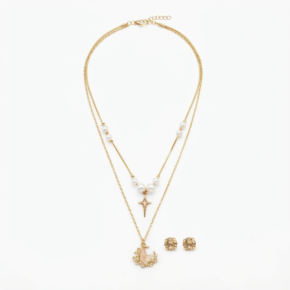 The99Jewel Double Layer Pearl Necklace Set With Butterfly  Shape Pendant  for Women