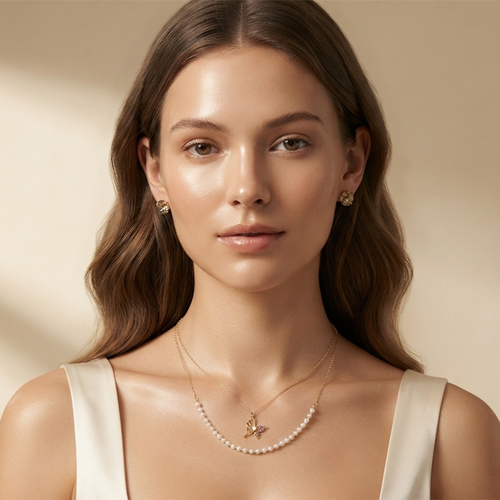 The99Jewel Double Layer Pearl Necklace Set With Butterfly Shape Pendant  for Women
