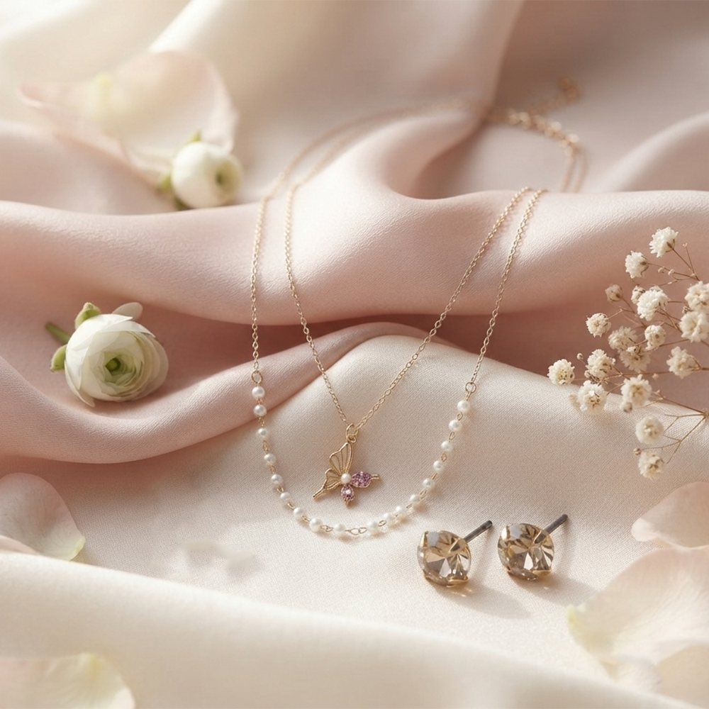 The99Jewel Double Layer Pearl Necklace Set With Butterfly Shape Pendant  for Women