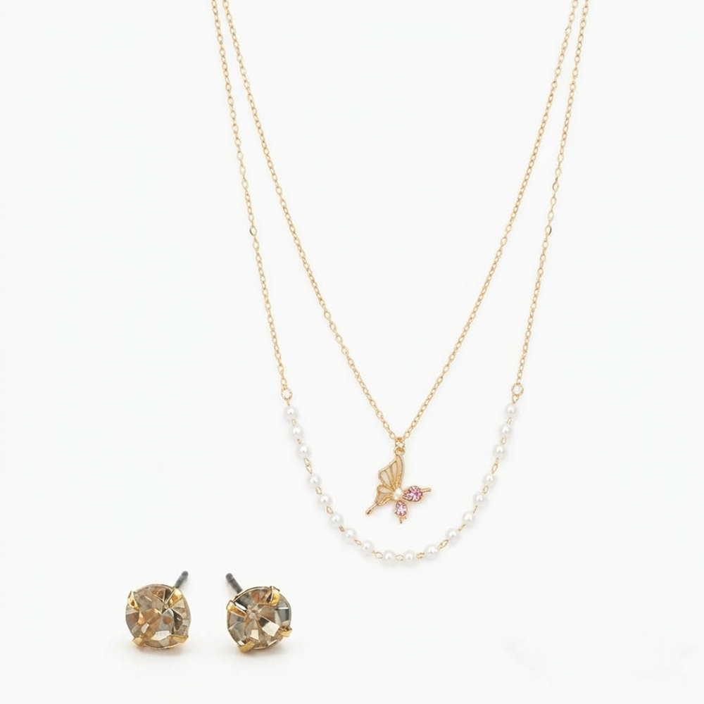 The99Jewel Double Layer Pearl Necklace Set With Butterfly Shape Pendant  for Women