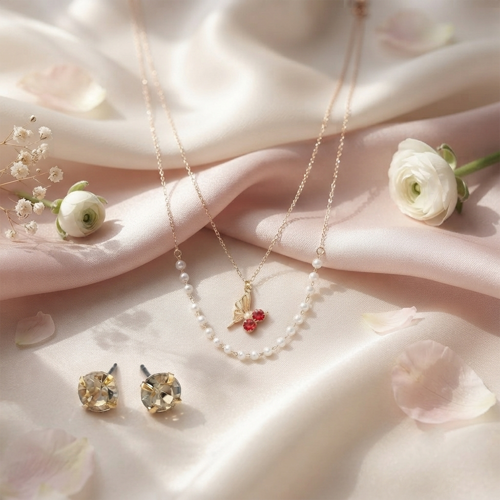 The99Jewel Double Layer Pearl Necklace Set With Butterfly Shape Pendant  for Women