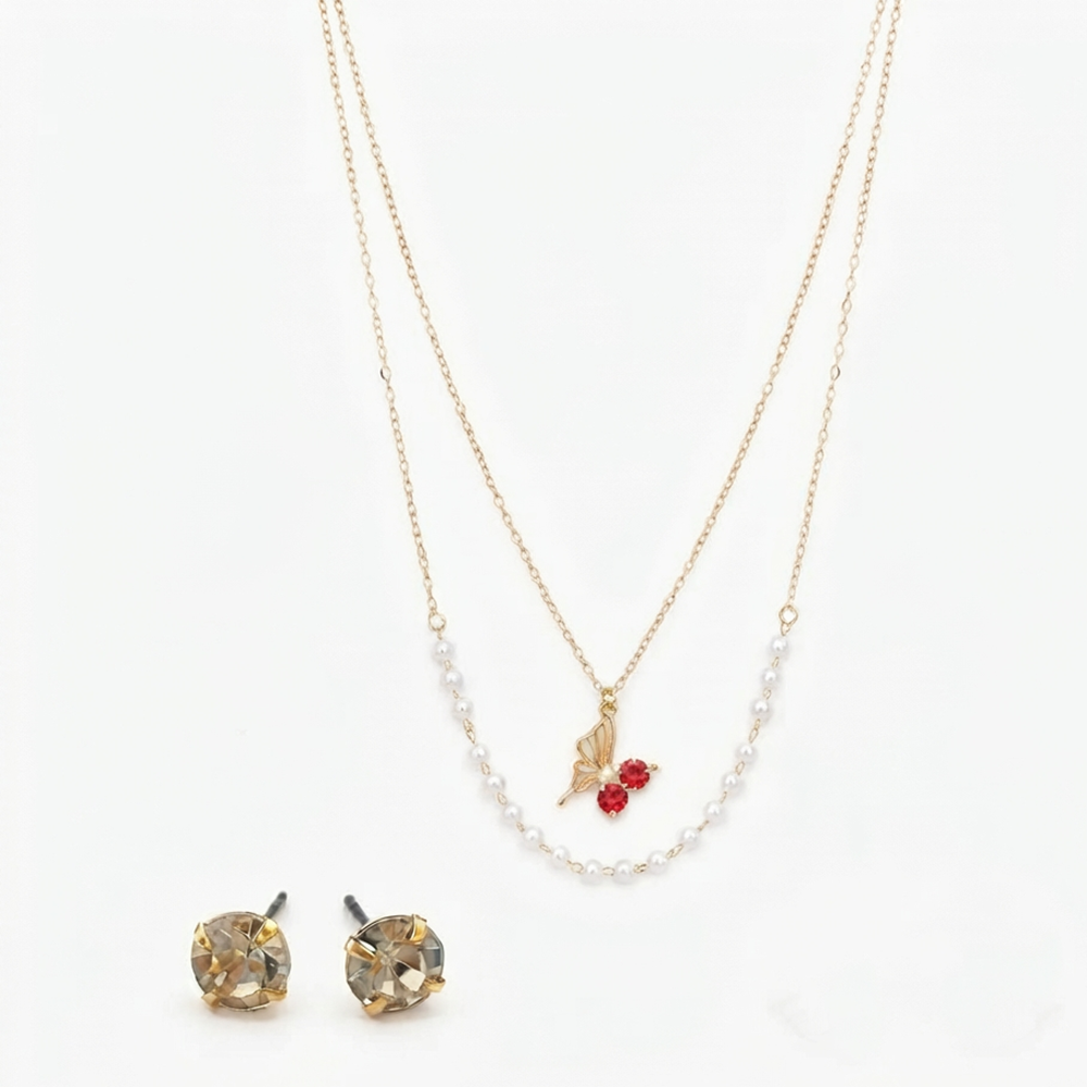 The99Jewel Double Layer Pearl Necklace Set With Butterfly Shape Pendant  for Women