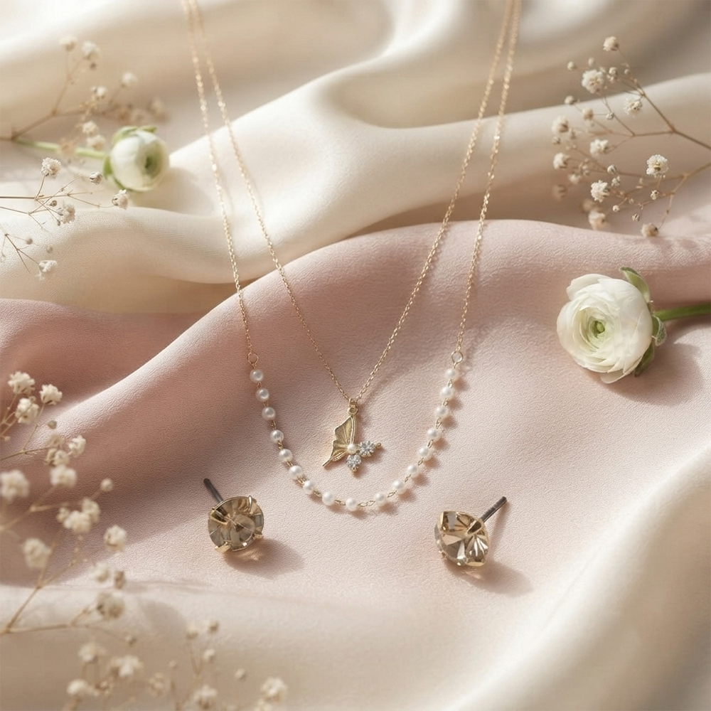 The99Jewel Double Layer Pearl Necklace Set With Butterfly Shape Pendant  for Women