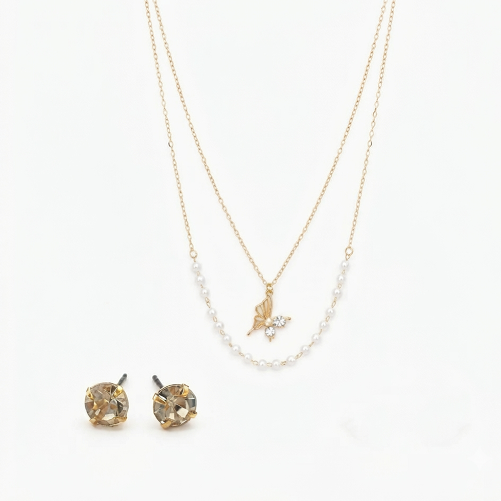 The99Jewel Double Layer Pearl Necklace Set With Butterfly Shape Pendant  for Women