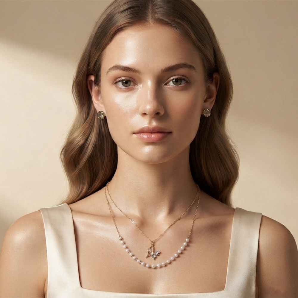 The99Jewel Double Layer Pearl Necklace Set With Butterfly Shape Pendant  for Women