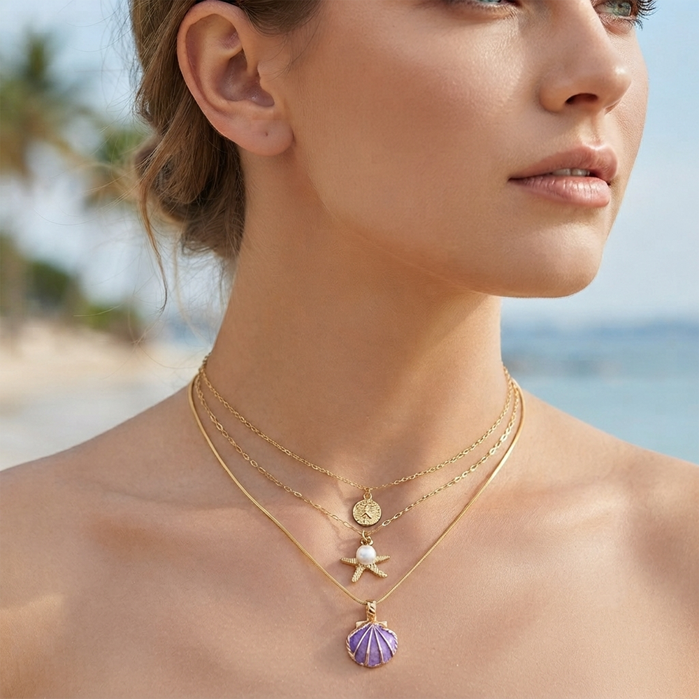 The99Jewel Three Layer Necklace Set With Shell and Star Pendant for Women