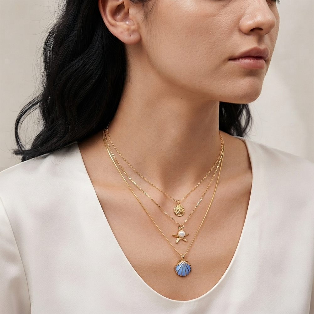 The99Jewel Three Layer Necklace Set With Shell and Star Pendant for Women