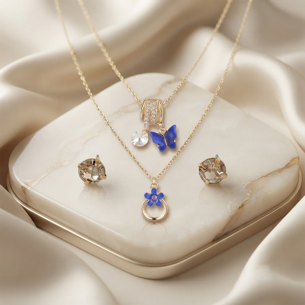 The99Jewel Double Layer Necklace Set With Butterfly Shape Pendant and Charms for Women