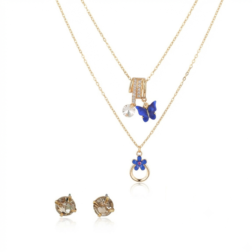 The99Jewel Double Layer Necklace Set With Butterfly Shape Pendant and Charms for Women