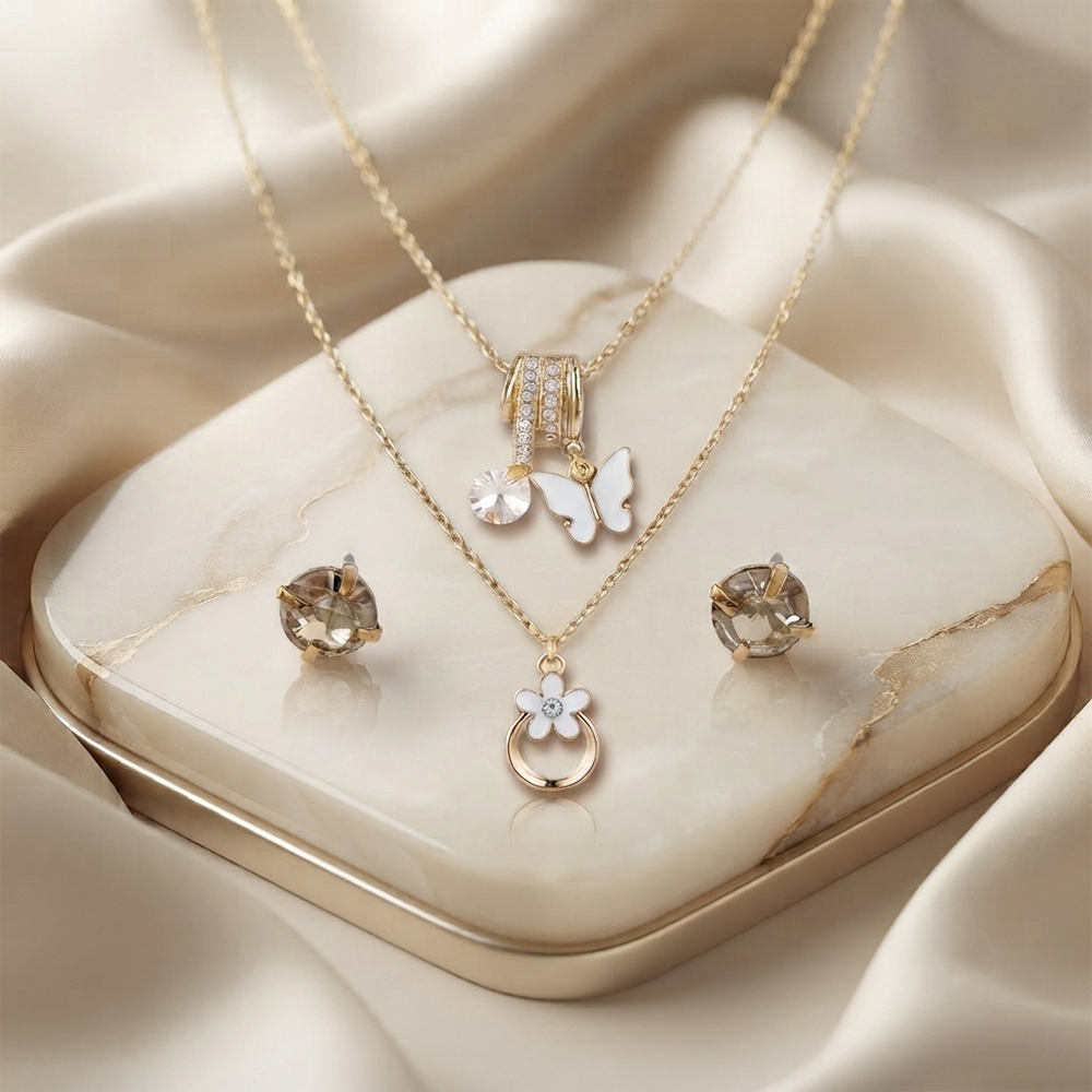 The99Jewel Double Layer Necklace Set With Butterfly Shape Pendant and Charms for Women