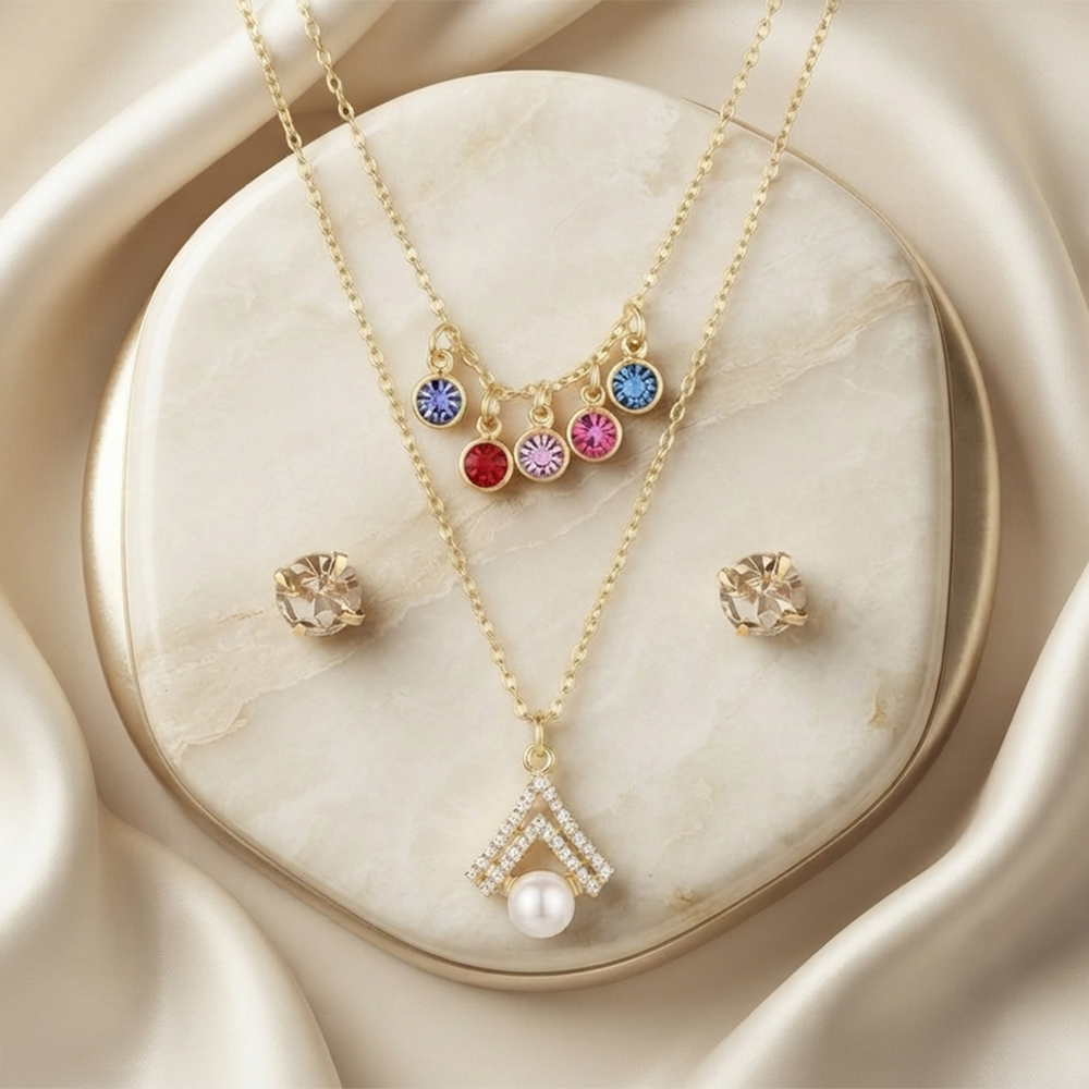 The99Jewel Double Layer Necklace Set With Crystal and Pearl  for Women
