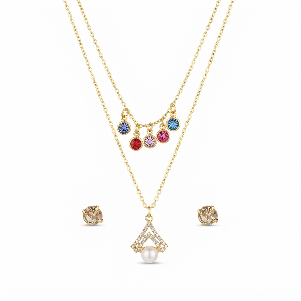 The99Jewel Double Layer Necklace Set With Crystal and Pearl  for Women