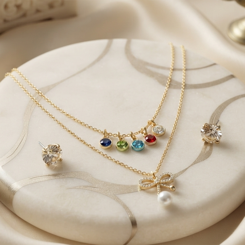 The99Jewel Double Layer Necklace Set With Bow Shape Pendant and Crystal Stone for Women