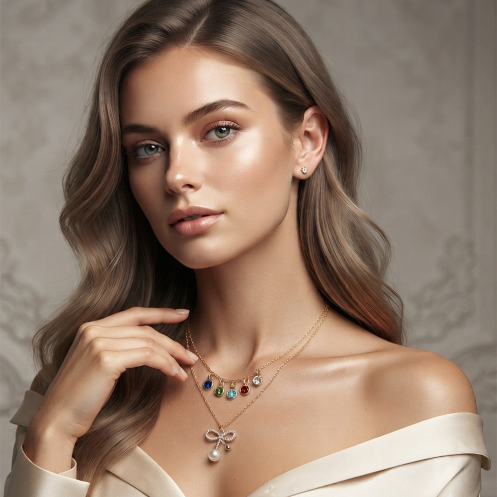 The99Jewel Double Layer Necklace Set With Bow Shape Pendant and Crystal Stone for Women