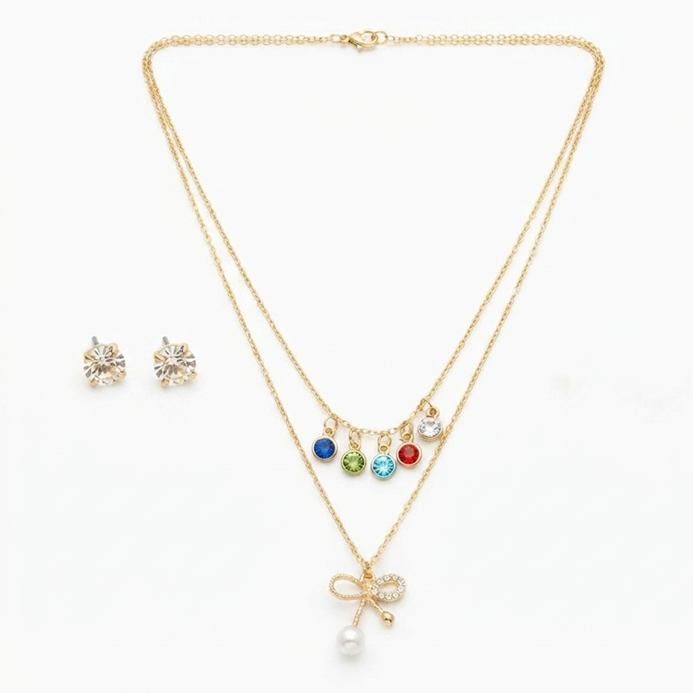 The99Jewel Double Layer Necklace Set With Bow Shape Pendant and Crystal Stone for Women