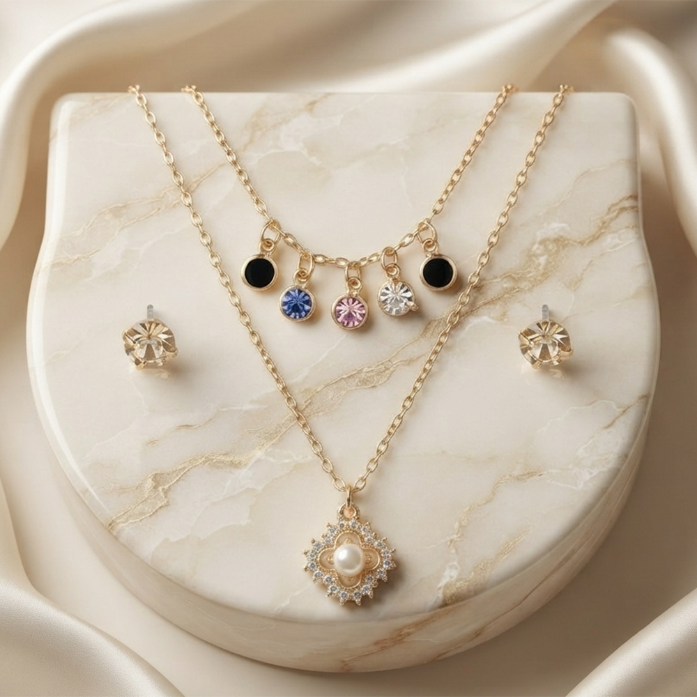 The99Jewel Double Layer Necklace Set With Floral Shape Pendant and Crystal Stone for Women