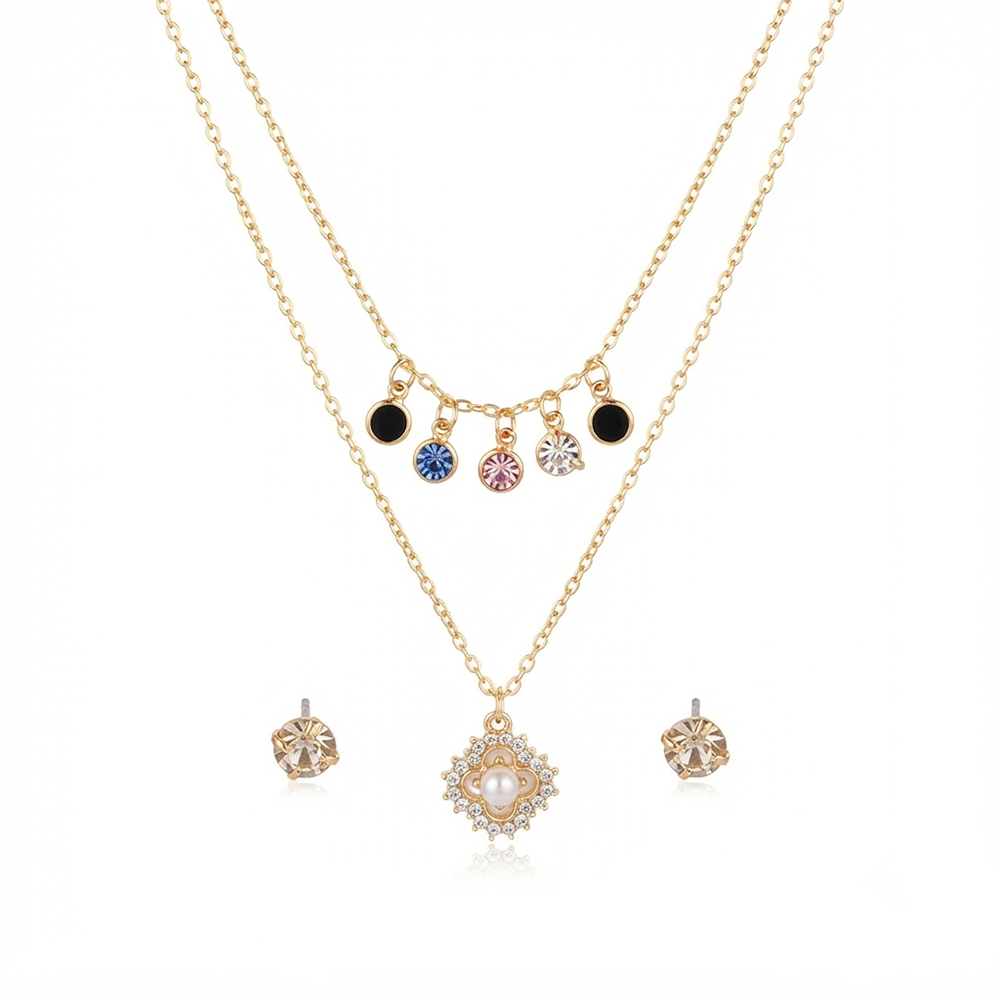 The99Jewel Double Layer Necklace Set With Floral Shape Pendant and Crystal Stone for Women