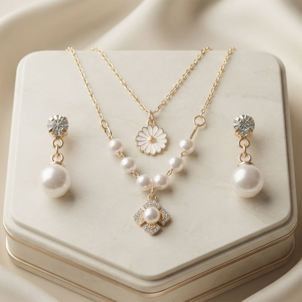 The99Jewel Double Layer Pearl Necklace Set With Floral Shape Pendant and Charms for Women