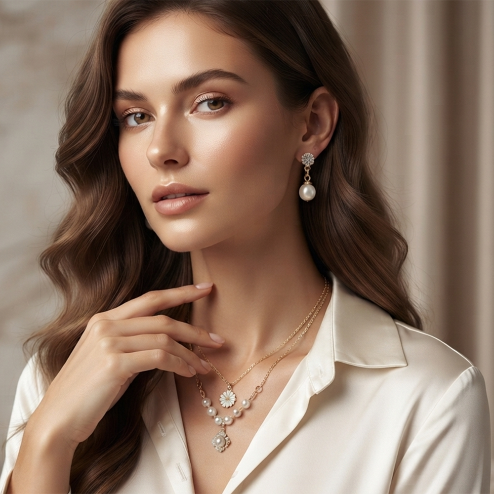 The99Jewel Double Layer Pearl Necklace Set With Floral Shape Pendant and Charms for Women