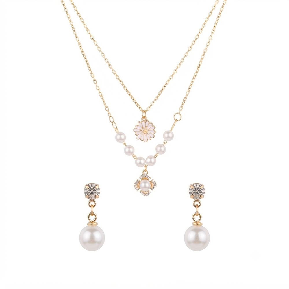 The99Jewel Double Layer Pearl Necklace Set With Floral Shape Pendant and Charms for Women