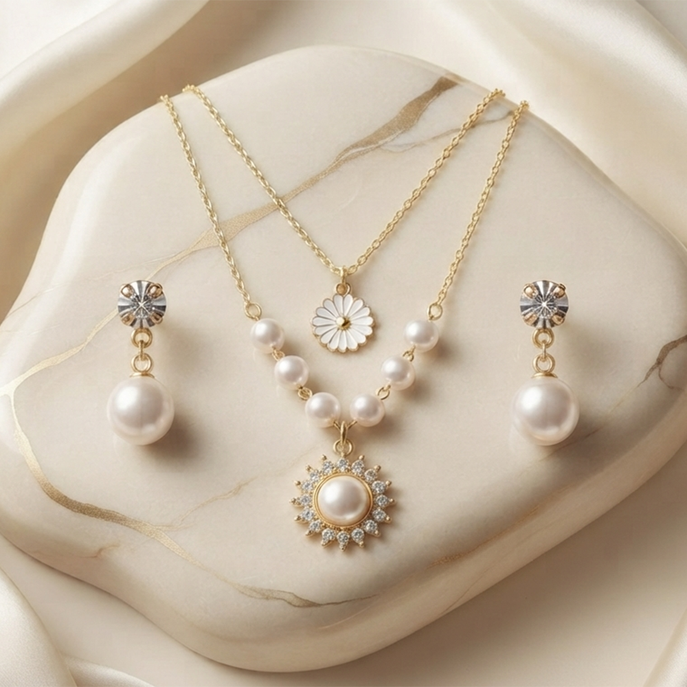 The99Jewel Double Layer Pearl Necklace Set With Floral Shape Pendant and Charms for Women