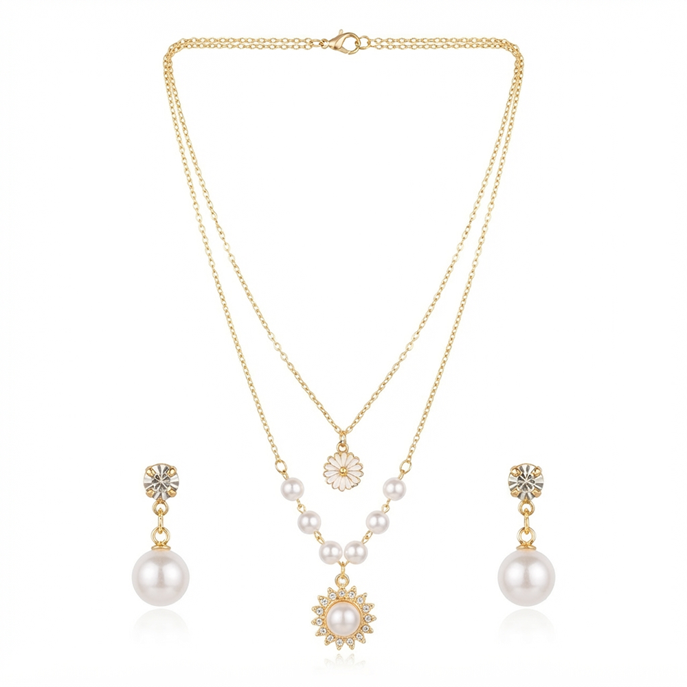 The99Jewel Double Layer Pearl Necklace Set With Floral Shape Pendant and Charms for Women