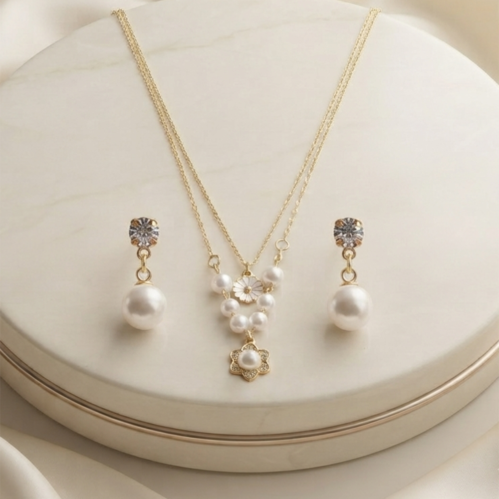 The99Jewel Double Layer Pearl Necklace Set With Floral Shape Pendant and Charms for Women