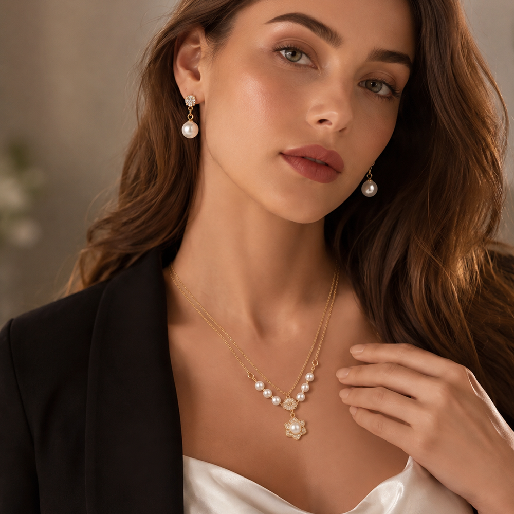 The99Jewel Double Layer Pearl Necklace Set With Floral Shape Pendant and Charms for Women