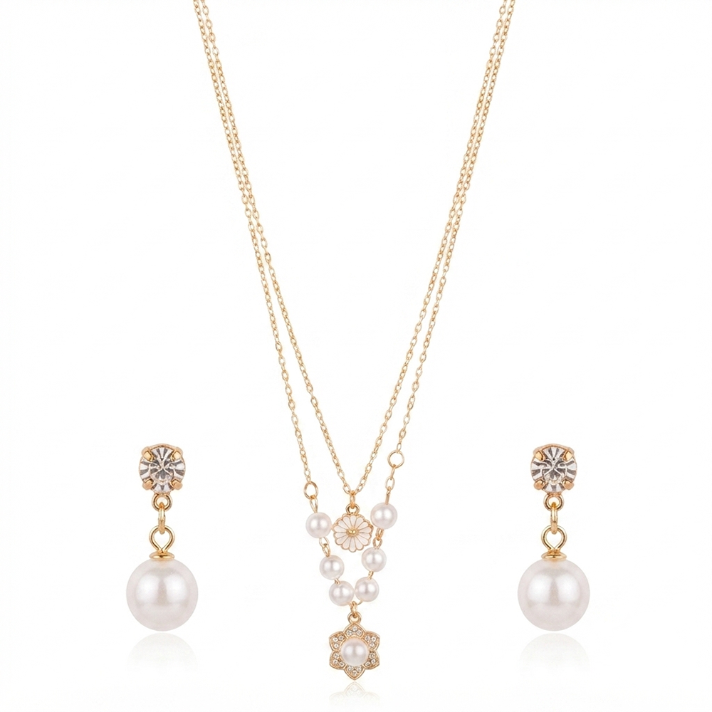 The99Jewel Double Layer Pearl Necklace Set With Floral Shape Pendant and Charms for Women