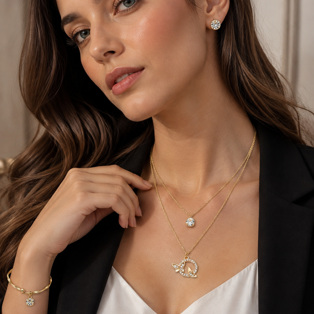 The99Jewel Double Layer Necklace Set With Butterfly Pendant and Gold Plated Bracelet Combo for Women