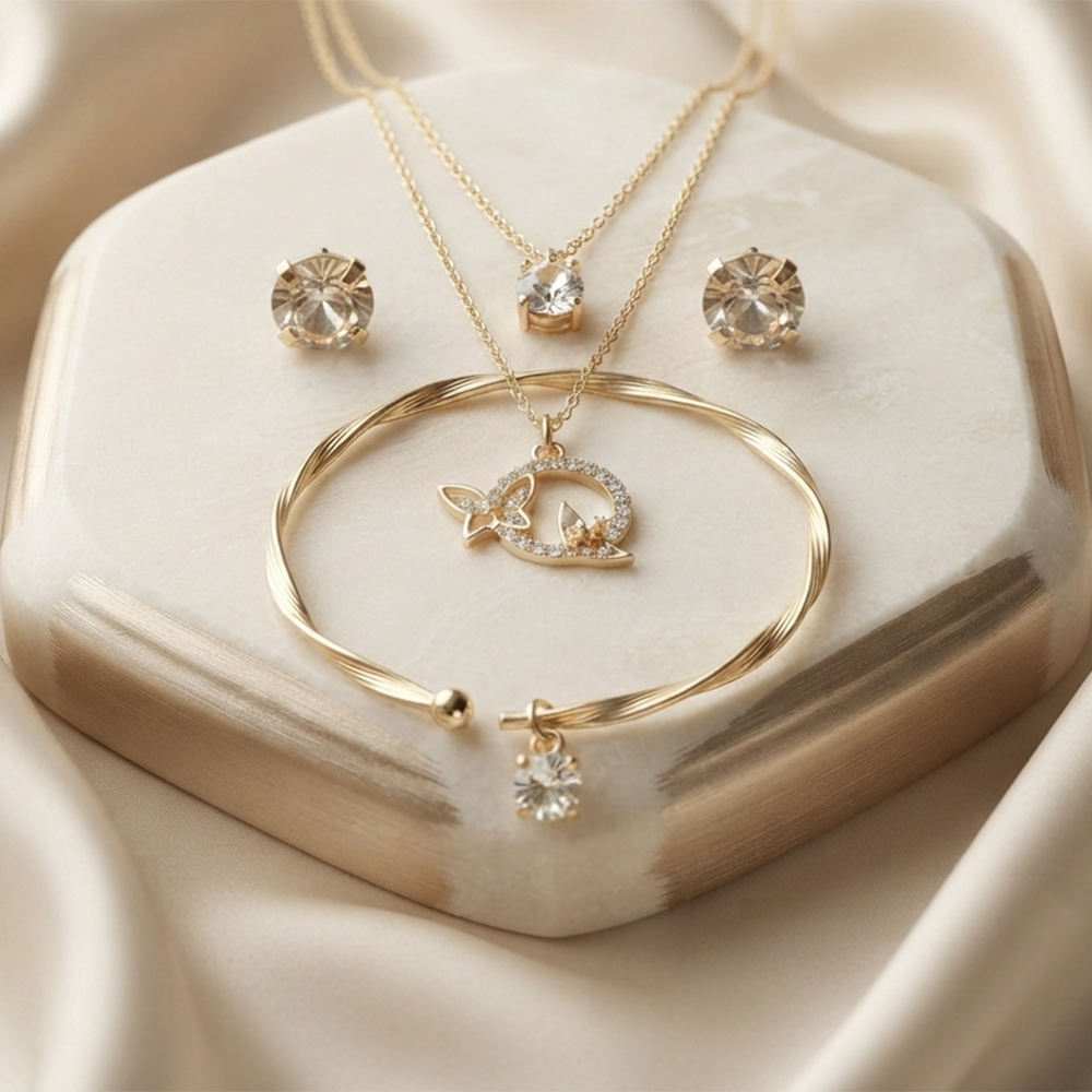 The99Jewel Double Layer Necklace Set With Butterfly Pendant and Gold Plated Bracelet Combo for Women