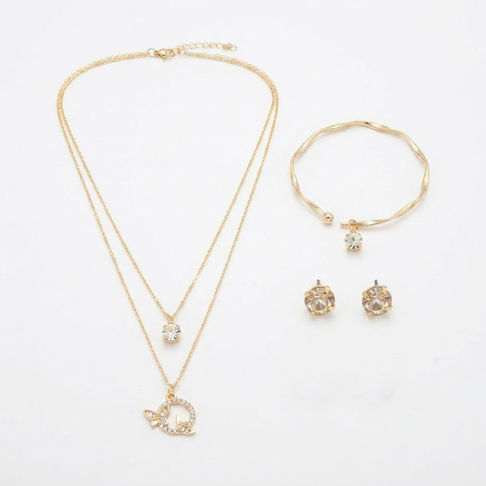 The99Jewel Double Layer Necklace Set With Butterfly Pendant and Gold Plated Bracelet Combo for Women