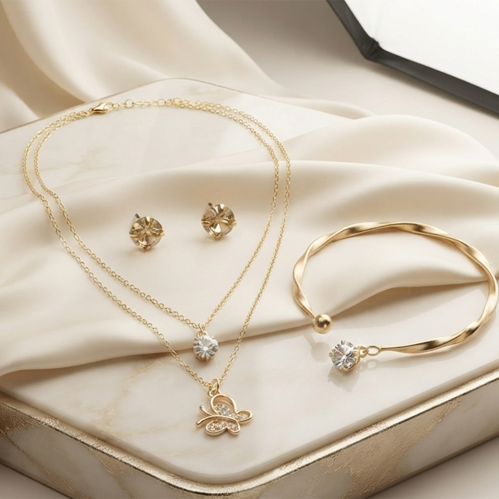 The99Jewel Double Layer Necklace Set With Butterfly Pendant and Gold Plated Bracelet Combo for Women