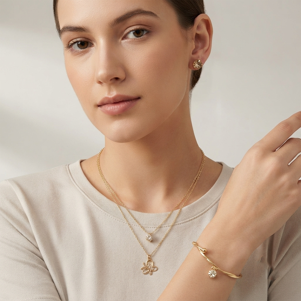 The99Jewel Double Layer Necklace Set With Butterfly Pendant and Gold Plated Bracelet Combo for Women