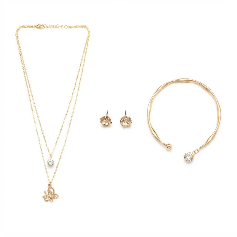 The99Jewel Double Layer Necklace Set With Butterfly Pendant and Gold Plated Bracelet Combo for Women