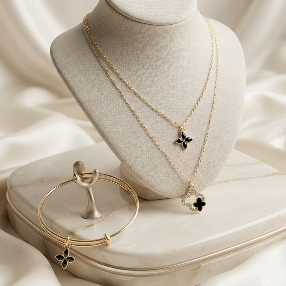 The99Jewel Double Layer Necklace Set With Clover Shape Pendant and Charms Combo for Women
