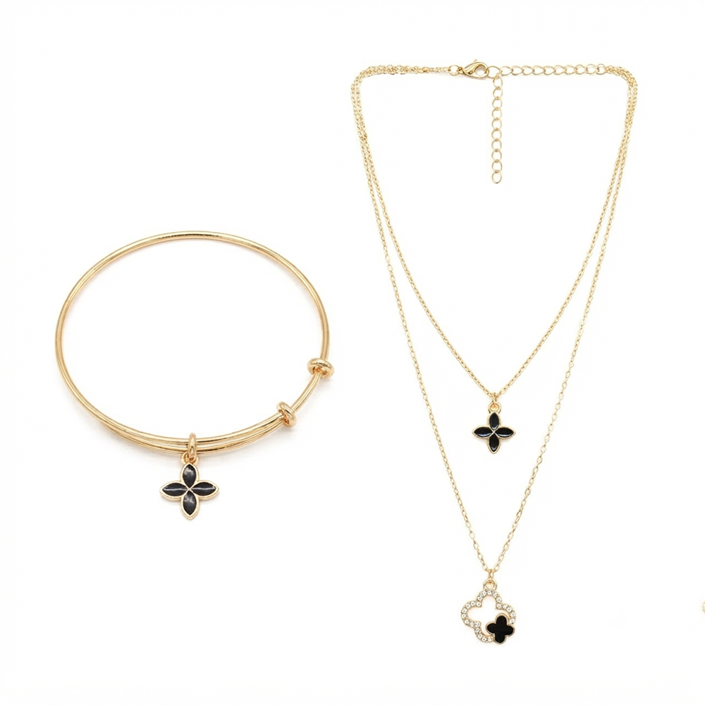 The99Jewel Double Layer Necklace Set With Clover Shape Pendant and Charms Combo for Women