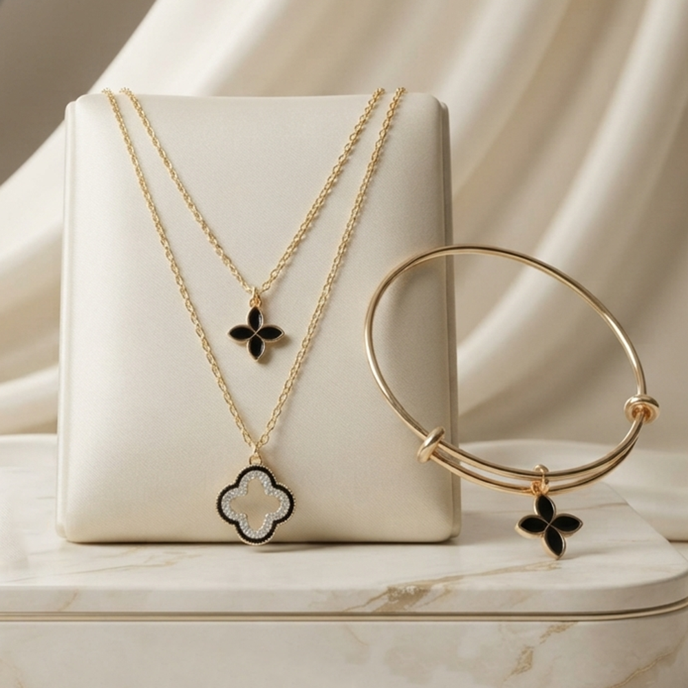 The99Jewel Double Layer Necklace Set With Clover Shape Pendant and Charms Combo for Women