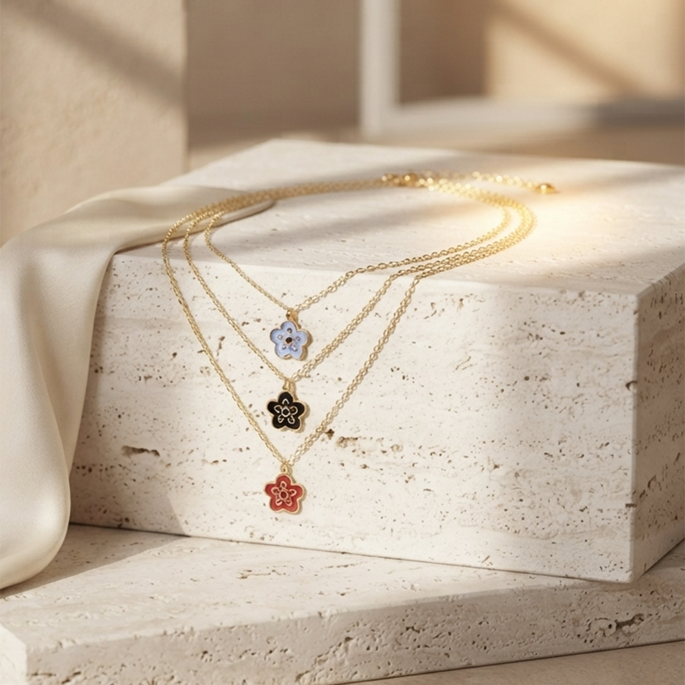 The99Jewel Gold Plated Triple Layered Enamelled Flower Pendant Western Necklace 