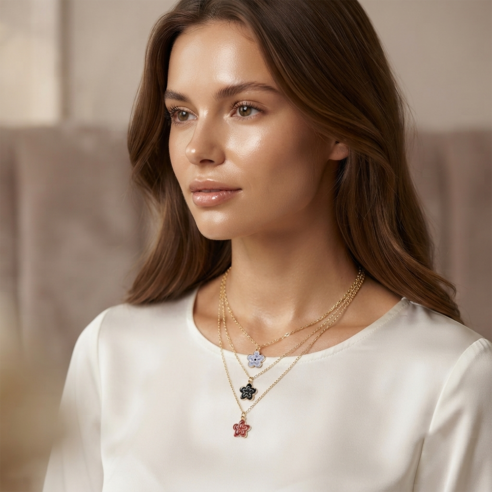The99Jewel Gold Plated Triple Layered Enamelled Flower Pendant Western Necklace