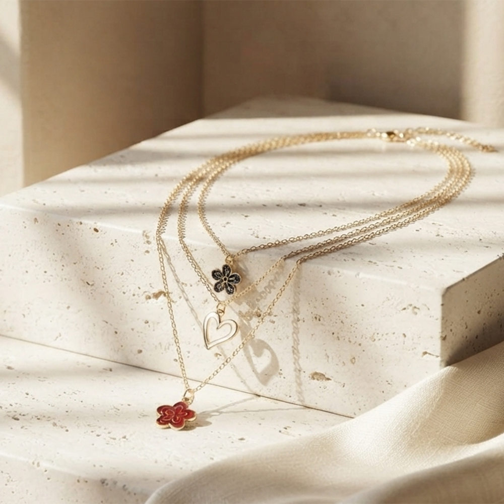The99Jewel Gold Plated Triple Layered Enamelled Flower and Heart Pendant Western Necklace