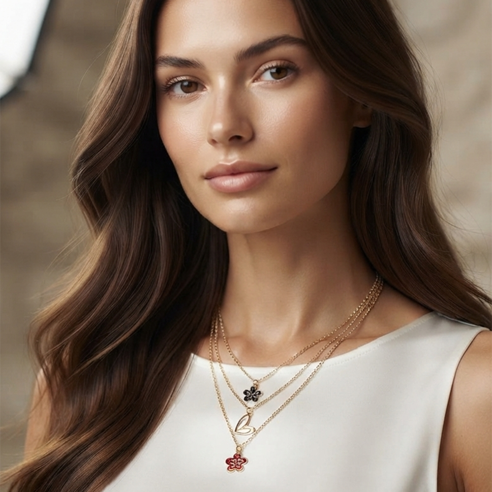 The99Jewel Gold Plated Triple Layered Enamelled Flower and Heart Pendant Western Necklace 