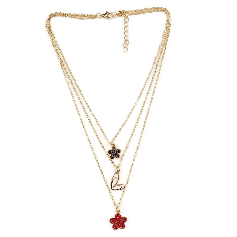 The99Jewel Gold Plated Triple Layered Enamelled Flower and Heart Pendant Western Necklace