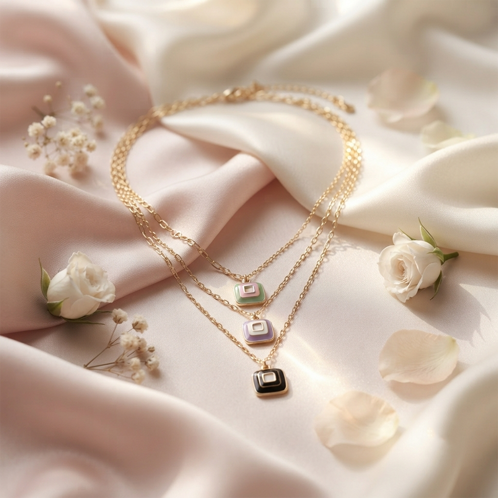 The99Jewel Gold Plated Triple Layered Enamelled Unique Square Pendant Western Necklace